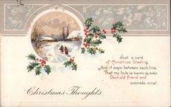 Christmas Thoughts: Snowy Village Scene with Holly and Holiday Poem Postcard
