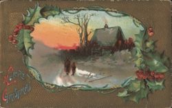 A Merry Christmas Winter Scene with House, People, and Holly Border Postcard