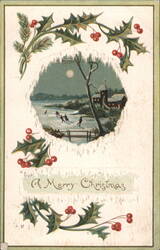 Ice Skating Winter Scene with Holly for A Merry Christmas Greeting Postcard