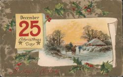 December 25 Christmas Day Winter Sleigh Ride Holly Berries Postcard