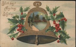 Christmas Bell with Holly, Berries & Moonlit Pond Scene, Holiday Wishes Postcard