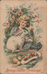 Young Girl with Rabbits, Chicks & Easter Eggs, Loving Easter Greetings Postcard