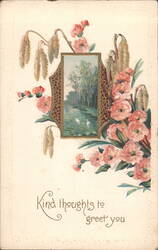 Kind Thoughts to Greet You with Pink Flowers and Landscape Vignette Postcard