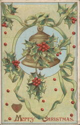 Merry Christmas Bells with Holly and Berries Postcard