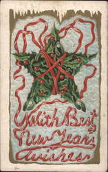 Holly Star with Red Ribbons and New Year's Wishes Postcard