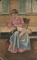 Mother Mends Clothes, Child on Lap, 'REPAIRED WHILE YOU WAIT' Postcard