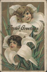 Easter Greetings with Cherubic Children in White Lilies Postcard