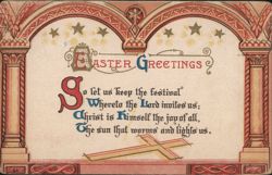 Easter Greetings with Cross and Poem, Ornate Arched Design Postcard