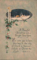 Peaceful Christmas & Bright New Year with Candles, Holly, Snowy Scene, Luke 2:11 Postcard