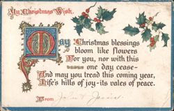 My Christmas Wish with Holly & Ornate Initial O Postcard