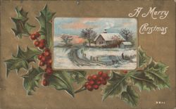 A Merry Christmas Snowy Winter Scene with Holly and Berries Postcard