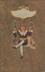 Boy on a Swing Adorned with Roses and Blank Banner Postcard