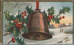 Merry Christmas Bell with Holly and Snow in Winter Landscape Postcard