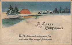 Merry Christmas Winter Landscape with Snowy Houses and Red Sun Postcard