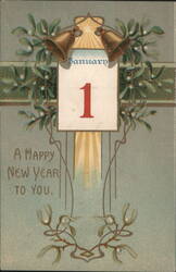 January 1st New Year's Greeting with Mistletoe and Bells Postcard