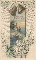 A Happy Easter Bells, Church & Lilacs Illustration Postcard