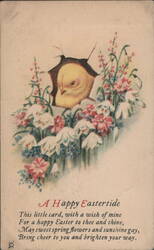 Easter Chick Hatching with Spring Flowers, 'A Happy Eastertide' Poem Postcard