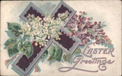 Easter Greetings with Lilac Flowers and Interlocking Crosses Postcard