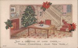 Christmas & New Year Interior Scene with Tree, Fireplace & Poinsettias Postcard