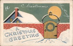 Snowy Christmas Greeting with House, Wreath Gate, and Sun Postcard