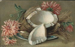 Still Life Painting of Split Coconut, Chrysanthemums & Wheat Postcard