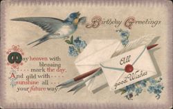 Birthday Greetings with Bird, Envelopes, and Forget-Me-Nots Postcard