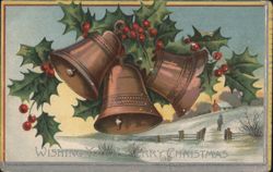 Christmas Bells with Holly and Berries in Snowy Winter Landscape Postcard