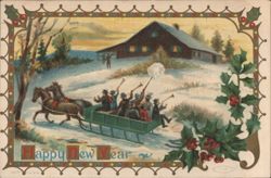 Happy New Year Sleigh Ride with Horn Blowers in Winter Landscape Postcard