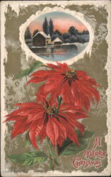Poinsettias & Snowy Winter Scene with House, A Merry Christmas Greeting Postcard