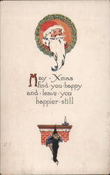 Santa Claus in Wreath, Christmas Greeting, May Xmas Find You Happy Postcard