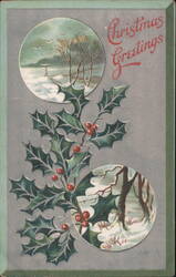 Christmas Greetings with Holly and Winter Landscapes Postcard