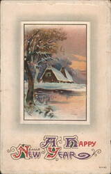 Winter Cabin Scene with Snow, Trees, and Pond - A Happy New Year Postcard