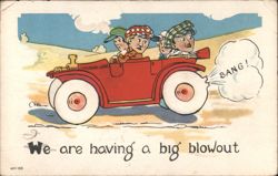 Comic Illustration of Boys in Car with Tire Blowout, 'We are having a big blowout' Postcard