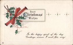 Best Christmas Wishes with Holly and Red Ribbon Postcard