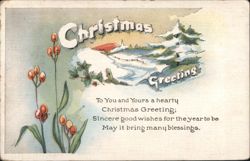 Christmas Greeting Card with Snowy Church and Winter Berries, 1922 Postcard
