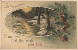 A Joyful Christmas Winter Scene with Holly and Bible Verse Postcard