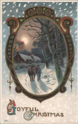 Joyful Christmas Winter Scene with Horse, Rider, and Snow-Covered Cottages Postcard