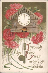 New Year's Cuckoo Clock with Red Flowers and Bird, 'May Joy Abide' Postcard