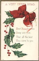 A Very Merry Xmas with Red Bow and Holly Postcard