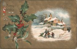 Happy Christmas Snowy Village Scene, Family with Tree, Holly & Mistletoe Postcard