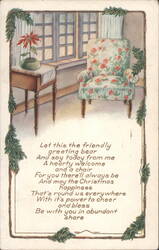 Christmas Greeting with Poinsettia, Armchair, and Evergreen Garland Postcard