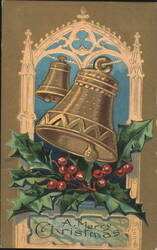 Golden Bells and Holly with "A Merry Christmas" Greeting Postcard