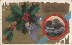 A Merry Christmas Holly & Berries, Snowy Village Scene Postcard