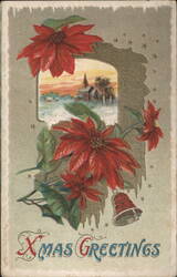 Christmas Greetings with Red Poinsettias, Church Scene, and Bell Postcard