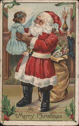 Santa Claus Holding Little Girl, Merry Christmas, Holly Berries Postcard