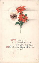 Poinsettias & Winter Cabin Scene, Merry Christmas Greeting Postcard