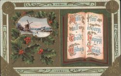 Christmas Greeting with Winter Mill Scene & Holly Postcard