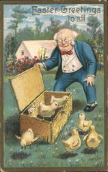 Elderly Man with Chicks in Basket, Easter Greetings Postcard