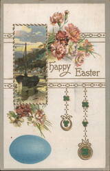 Happy Easter with Carnations, Boat Scene, and Blue Egg Postcard