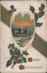 Winter Village Scene with Holly & Berries, Merry Christmas Greeting Postcard